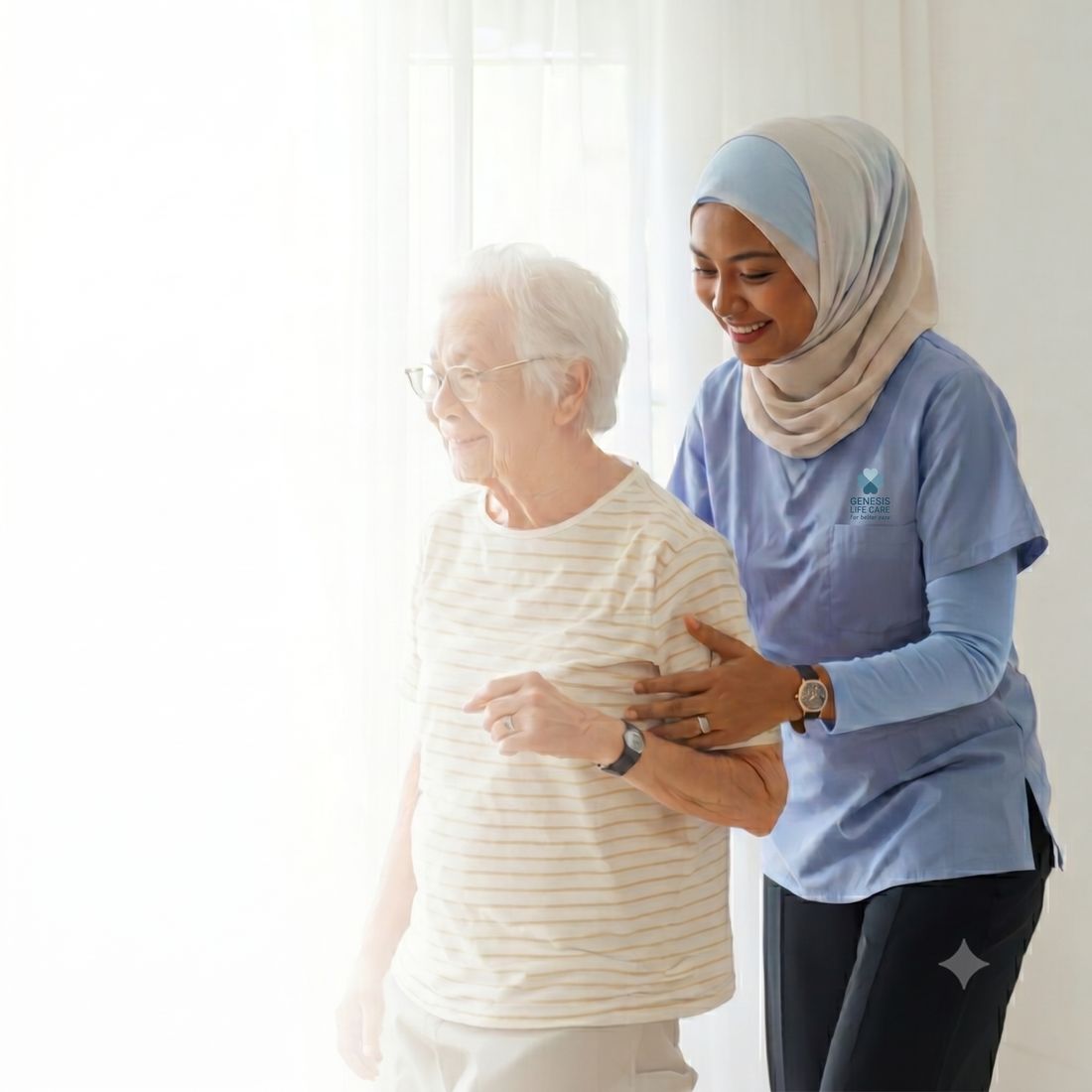 A trained Malaysian caregiver supporting an elderly stroke survivor as she walks at home