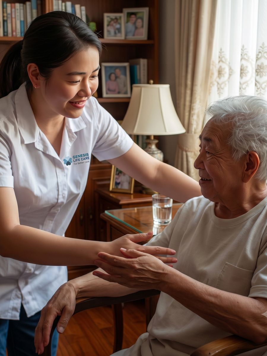 A caregiver warmly helping an elderly stroke survivor at home